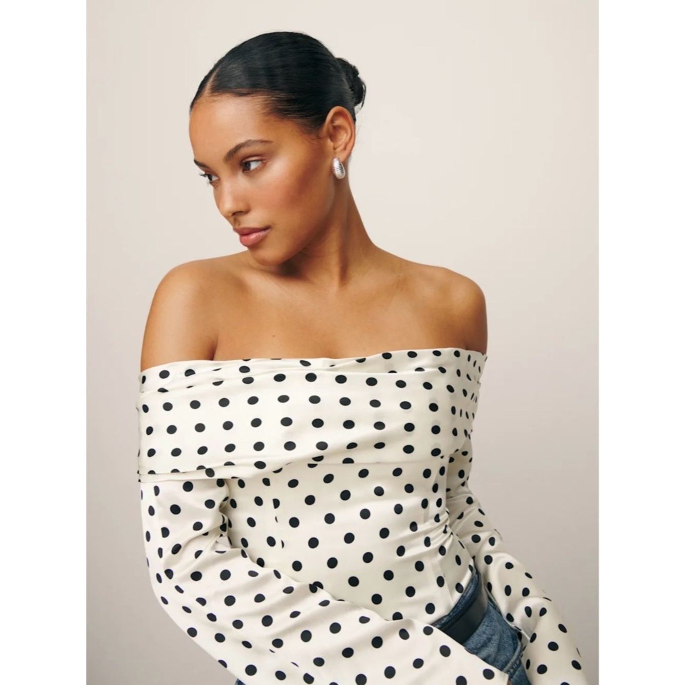 Reformation Niri Silk Off-The-Shoulder Black Polka Dot Blouse Xs Nwt